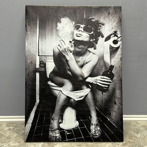 GIRL SMOKING ON TOILET BATHROOM B&W ARTWORK